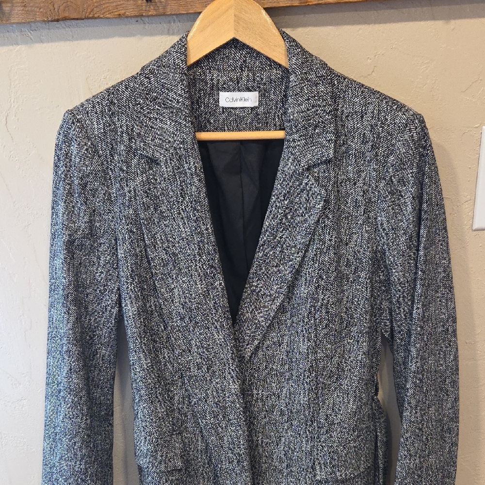 Calvin Klein 2pc Tweed Pant Suit Set Gray Black Career Office Blazer Size 10
